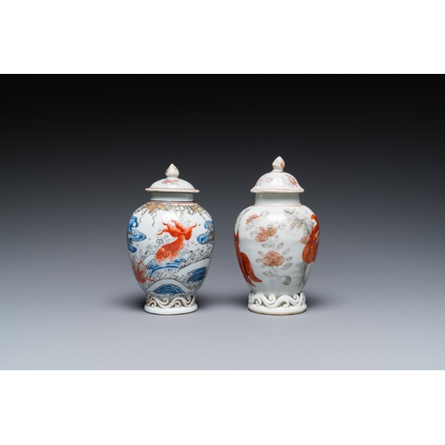 361 - Two Chinese blue, white and iron-red 'carps' tea caddies, YongzhengH.: 13 cm (the tallest)... 