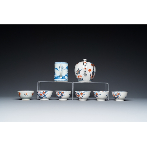 365 - Six Chinese famille rose cups and saucers, an Imari-style teapot and a blue and white mug, Kangxi/Qi... 