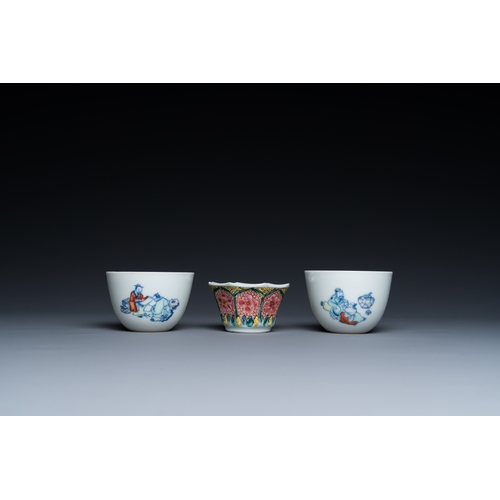 370 - Four Chinese saucers and three cups in blue and white, doucai and famille rose porcelain, Kangxi and... 