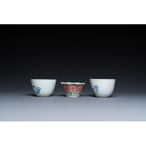 370 - Four Chinese saucers and three cups in blue and white, doucai and famille rose porcelain, Kangxi and... 