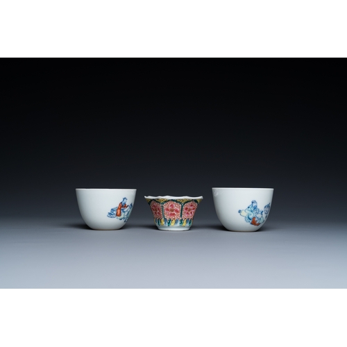 370 - Four Chinese saucers and three cups in blue and white, doucai and famille rose porcelain, Kangxi and... 