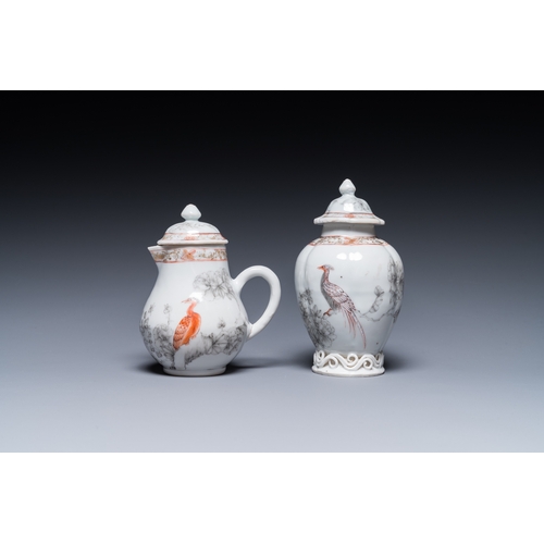 374 - A Chinese iron-red and grisaille tea caddy and cream jug with fine pheasants, YongzhengH.: 13 cm (th... 