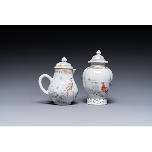 374 - A Chinese iron-red and grisaille tea caddy and cream jug with fine pheasants, YongzhengH.: 13 cm (th... 