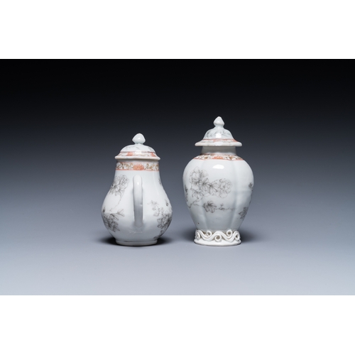 374 - A Chinese iron-red and grisaille tea caddy and cream jug with fine pheasants, YongzhengH.: 13 cm (th... 