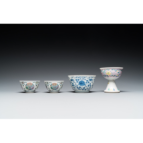 377 - A Chinese famille rose stem cup, a blue and white bowl and a pair of doucai bowls, Yongzheng and lat... 