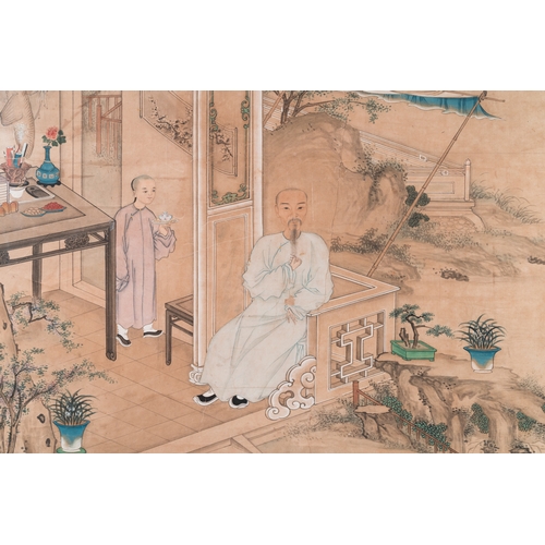 380 - Chinese school: 'A scholar and his servant on a terrace', ink and colour on paper, 18/19th C.Dim.: 1... 