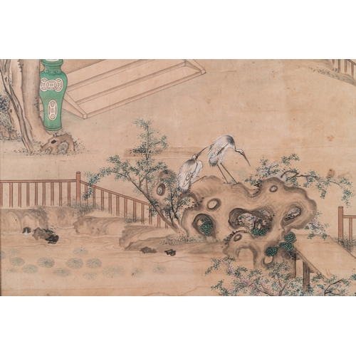 380 - Chinese school: 'A scholar and his servant on a terrace', ink and colour on paper, 18/19th C.Dim.: 1... 