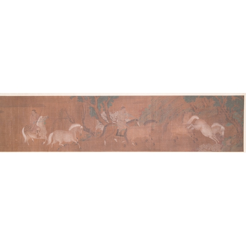 381 - Chinese school: 'Two riders and eight horses', ink and colour on silk, probably MingDim.: 329 x 35 c... 