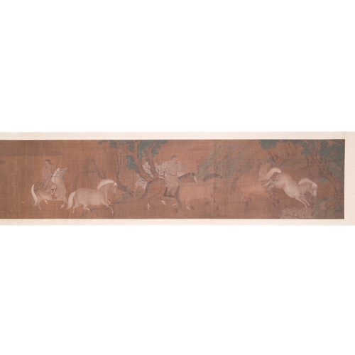 381 - Chinese school: 'Two riders and eight horses', ink and colour on silk, probably MingDim.: 329 x 35 c... 