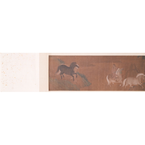 381 - Chinese school: 'Two riders and eight horses', ink and colour on silk, probably MingDim.: 329 x 35 c... 