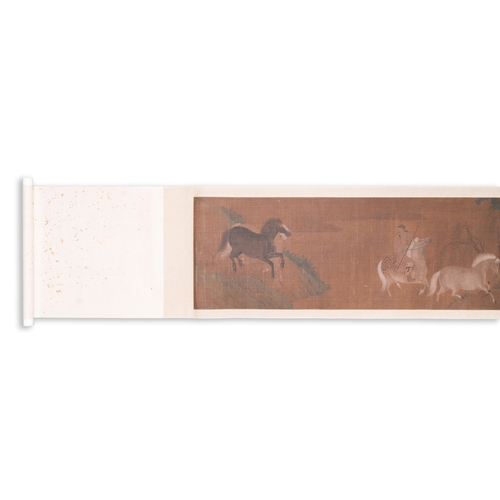 381 - Chinese school: 'Two riders and eight horses', ink and colour on silk, probably MingDim.: 329 x 35 c... 