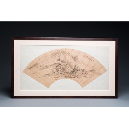 383 - Chinese school: 'Mountainous landscape', ink on a fan leaf, dated 1883Dim.: 66 x 38 cm (the frame)L.... 