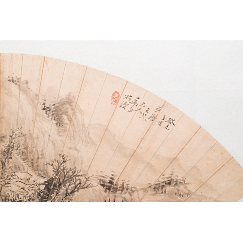 383 - Chinese school: 'Mountainous landscape', ink on a fan leaf, dated 1883Dim.: 66 x 38 cm (the frame)L.... 