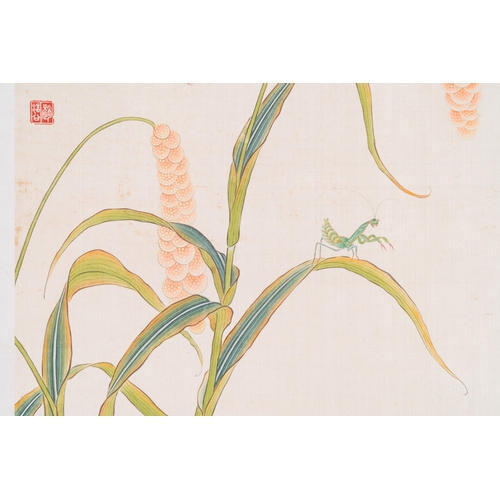 406 - Zhao Hao è¶æµ© 'ç³ä½' (1881-1949): 'Two quails and insects', ink and colour on silk, dated 1928Di... 