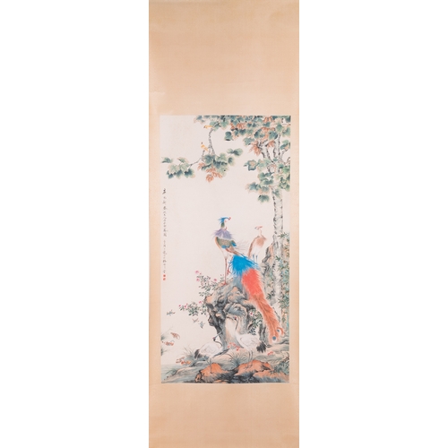 407 - Follower of Yan Bolong é¡ä¼¯é¾ (1898-1955): 'Two peacocks and two cranes', ink and colour on paper... 