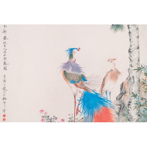 407 - Follower of Yan Bolong é¡ä¼¯é¾ (1898-1955): 'Two peacocks and two cranes', ink and colour on paper... 