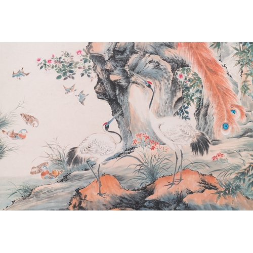 407 - Follower of Yan Bolong é¡ä¼¯é¾ (1898-1955): 'Two peacocks and two cranes', ink and colour on paper... 