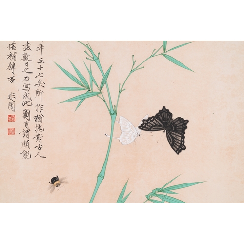 408 - Attributed to Yu Fei'an äºéé (1889-1959): 'Bamboo and insects', ink and colour on silk, dated 1... 