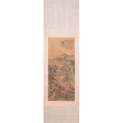 413 - Follower of Qiu Ying ä»è± (1494-1552): 'Mountainous landscape with pavilions', ink and colour on s... 