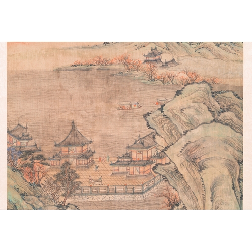 413 - Follower of Qiu Ying ä»è± (1494-1552): 'Mountainous landscape with pavilions', ink and colour on s... 