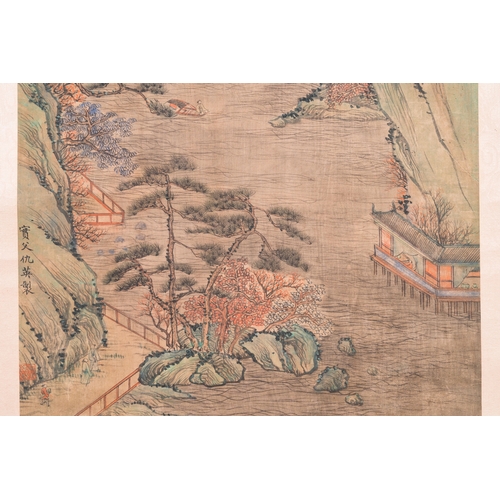 413 - Follower of Qiu Ying ä»è± (1494-1552): 'Mountainous landscape with pavilions', ink and colour on s... 