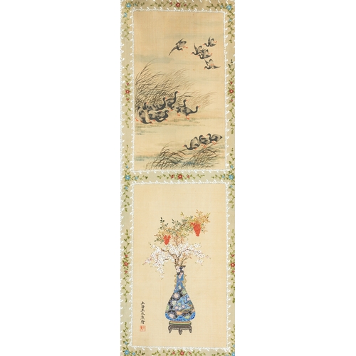 414 - Wang Chengxun çæ¿å³ (19/20th C.): 'Birds and flower vases', ink and colour on silk, RepublicDim.... 