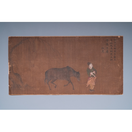 417 - Bo Yuan ä¼¯é : 'A groom leads a horse', ink and colour on silk, probably MingDim.: 62,5 x 32,5 cm... 