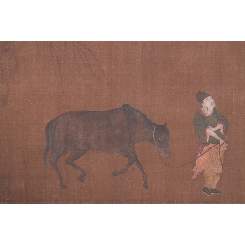 417 - Bo Yuan ä¼¯é : 'A groom leads a horse', ink and colour on silk, probably MingDim.: 62,5 x 32,5 cm... 