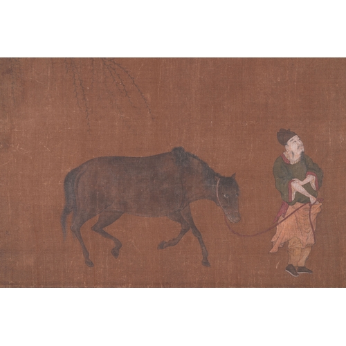 417 - Bo Yuan ä¼¯é : 'A groom leads a horse', ink and colour on silk, probably MingDim.: 62,5 x 32,5 cm... 