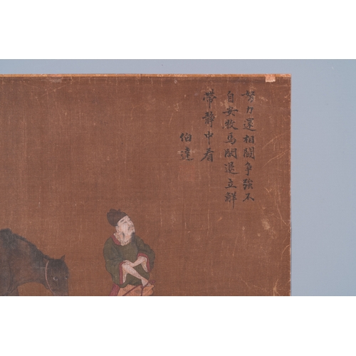 417 - Bo Yuan ä¼¯é : 'A groom leads a horse', ink and colour on silk, probably MingDim.: 62,5 x 32,5 cm... 