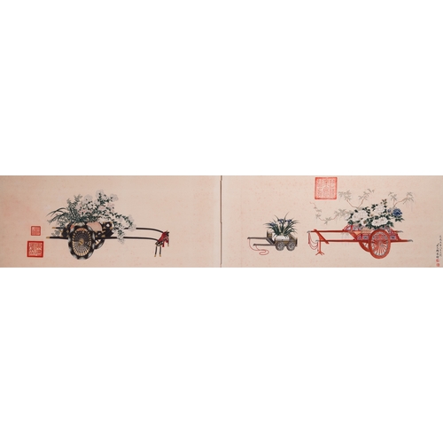 419 - Follower of Qu Zhaolin å±åéº (1866-1937): 'Three chariots with flowers', ink and colour on paper... 