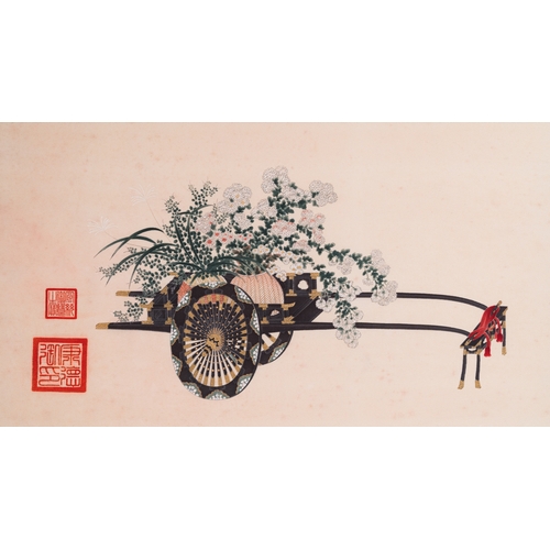 419 - Follower of Qu Zhaolin å±åéº (1866-1937): 'Three chariots with flowers', ink and colour on paper... 