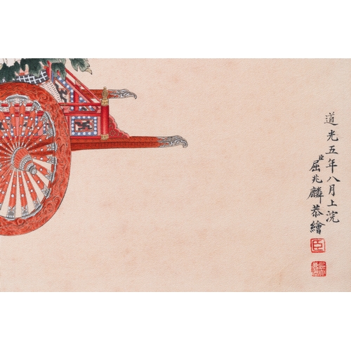 419 - Follower of Qu Zhaolin å±åéº (1866-1937): 'Three chariots with flowers', ink and colour on paper... 