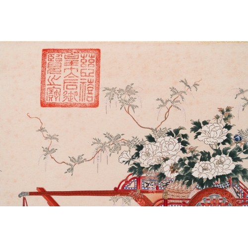 419 - Follower of Qu Zhaolin å±åéº (1866-1937): 'Three chariots with flowers', ink and colour on paper... 