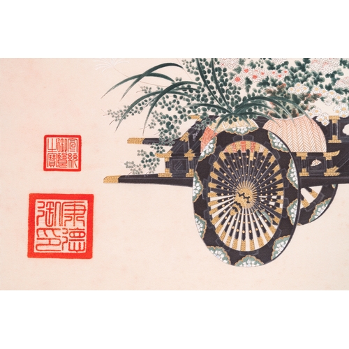 419 - Follower of Qu Zhaolin å±åéº (1866-1937): 'Three chariots with flowers', ink and colour on paper... 