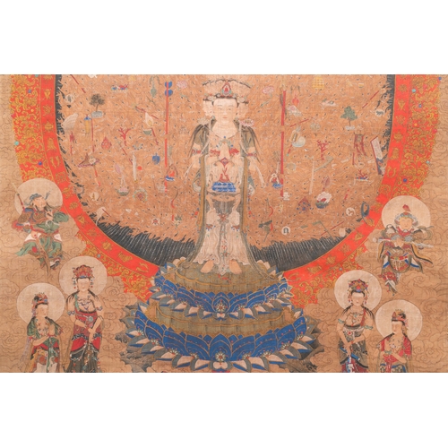 424 - Chinese school: 'The 33-headed Avalokitesvara', ink and colour on silk, 19/20th C.Dim.: 374,5 x 88,5... 