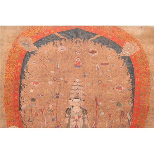 424 - Chinese school: 'The 33-headed Avalokitesvara', ink and colour on silk, 19/20th C.Dim.: 374,5 x 88,5... 