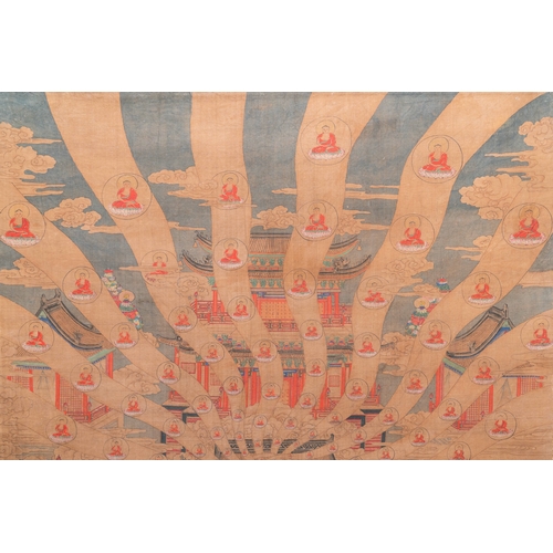 424 - Chinese school: 'The 33-headed Avalokitesvara', ink and colour on silk, 19/20th C.Dim.: 374,5 x 88,5... 