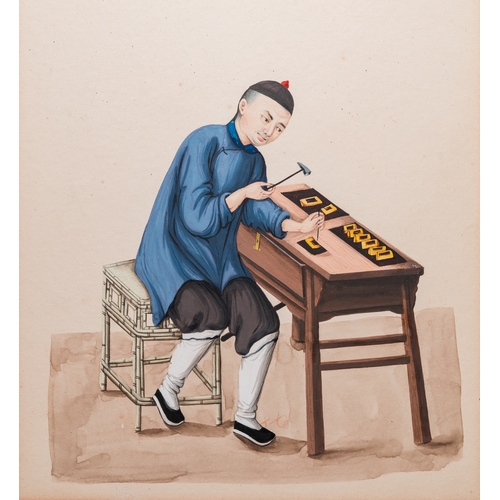 428 - Canton school, China: A locksmith and a butcher at work, ink and colour on paper, 19th C.Dim.: 35 x ... 