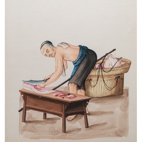 428 - Canton school, China: A locksmith and a butcher at work, ink and colour on paper, 19th C.Dim.: 35 x ... 