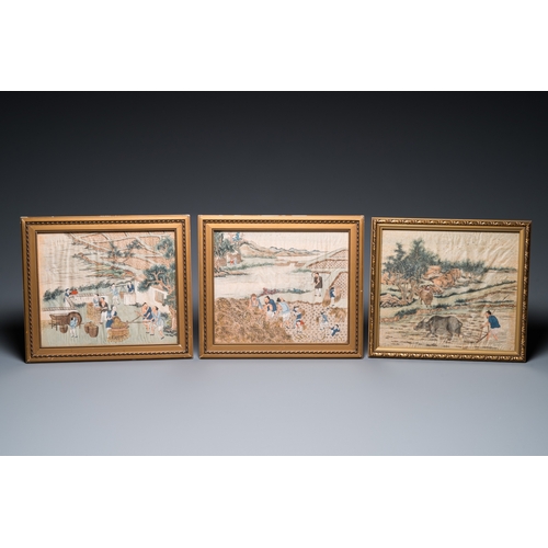 429 - Chinese school: Three rice production scenes, ink and colour on silk, 19th C.Dim.: 33 x 28,5 cm (eac... 