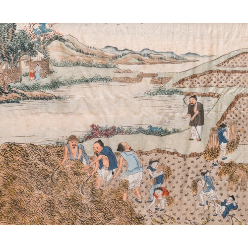 429 - Chinese school: Three rice production scenes, ink and colour on silk, 19th C.Dim.: 33 x 28,5 cm (eac... 