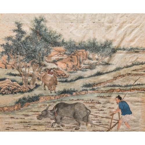 429 - Chinese school: Three rice production scenes, ink and colour on silk, 19th C.Dim.: 33 x 28,5 cm (eac... 