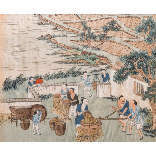 429 - Chinese school: Three rice production scenes, ink and colour on silk, 19th C.Dim.: 33 x 28,5 cm (eac... 