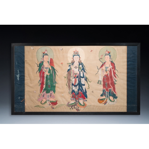 431 - Chinese school: 'Three Buddhist goddesses', ink and colour on silk, 18th C.Dim.: 141 x 79 cm (the fr... 