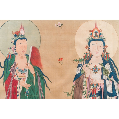 431 - Chinese school: 'Three Buddhist goddesses', ink and colour on silk, 18th C.Dim.: 141 x 79 cm (the fr... 