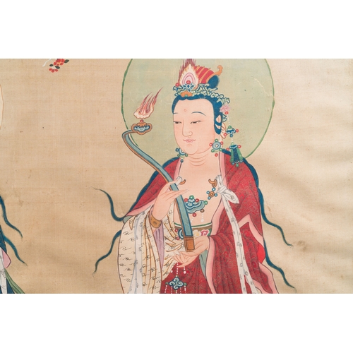 431 - Chinese school: 'Three Buddhist goddesses', ink and colour on silk, 18th C.Dim.: 141 x 79 cm (the fr... 