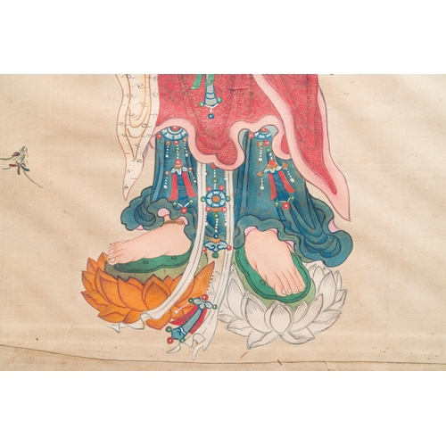 431 - Chinese school: 'Three Buddhist goddesses', ink and colour on silk, 18th C.Dim.: 141 x 79 cm (the fr... 