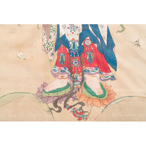 431 - Chinese school: 'Three Buddhist goddesses', ink and colour on silk, 18th C.Dim.: 141 x 79 cm (the fr... 