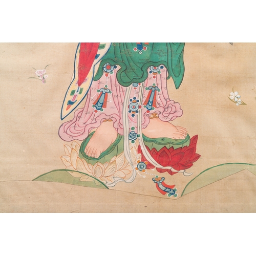 431 - Chinese school: 'Three Buddhist goddesses', ink and colour on silk, 18th C.Dim.: 141 x 79 cm (the fr... 